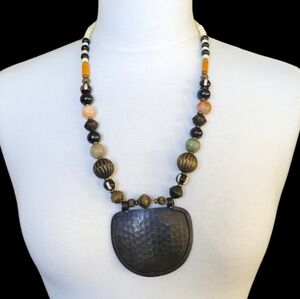 Vtg Hammered Brass Warrior Plate Statement Necklace Genuine Jadeite & Carnelian
